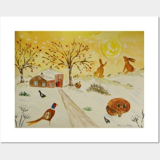 Fox, Hares and Pheasant in the Snow and Sun Posters and Art